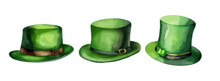 Green hat with bow watercolor set isolated on white background. Saint Patrick day decorative elements. Vector illustration.のイラスト素材