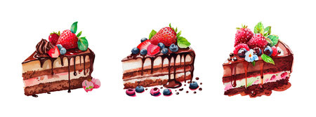 Chocolate and strawberry cake watercolor isolated on white background. Bakery dessert food vector...
