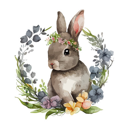 Easter rabbit with spring flowers and leaves wreath watercolor. Cute vintage bunny isolated on white background. Vector illustration.のイラスト素材