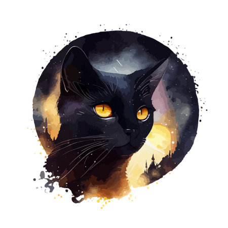 Celestial Black Cat watercolor painting. Portrait of black cat animal isolated on white background. Abstract watercolor cat vector illustration.のイラスト素材