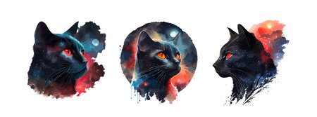 Celestial Black Cat watercolor painting. Portrait of black cat animal isolated on white background....