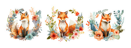 Watercolor Fox and Flowers isolated on white background. Cute fox animal woodland art set, wild life cartoon drawing. Vector illustration.のイラスト素材