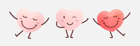 Set of cute heart cartoon design. Pink and red heart icon symbol. Cute funny heart expression face clipart sticker design vector illustration.のイラスト素材