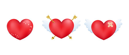 Set of 3d hearts with cupid arrow and wing. Valentine's day decorative element for wedding love card, invitation background. Vector illustration.のイラスト素材