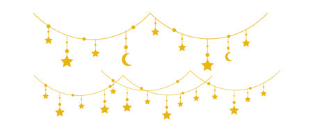 Hanging Stars. Decorative moon and star elements for new year, christmas or birthday party. Vector illustrationのイラスト素材