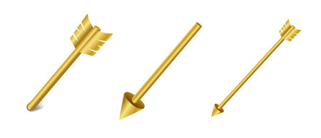 Gold arrow 3d symbol. Set of shiny golden arrow sign isolated on white background. Vector illustration.のイラスト素材