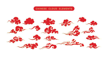 Set of Luxury Gold Red Chinese clouds vector. Ornament oriental elements for asian chinese new year card or mid autumn. Vintage sky art decorative illustration.のイラスト素材