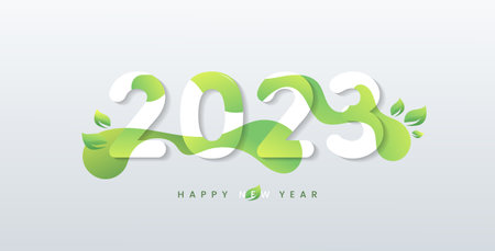 Happy 2023 new year with natural green leaves banner. Greetings and invitations, New year Christmas friendly themed congratulations, cards and natural background. Vector illustration.のイラスト素材