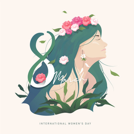 8 march background. International happy women's day. Portrait art of woman with rose flowers and leaves in nature. Vector illustration.のイラスト素材