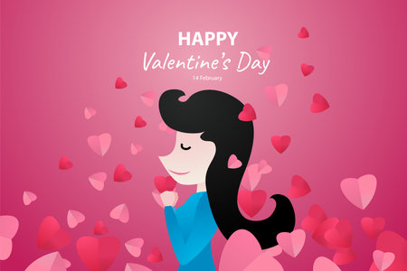 Happy valentines day greeting card with girl and hearts. Vector illustration.のイラスト素材