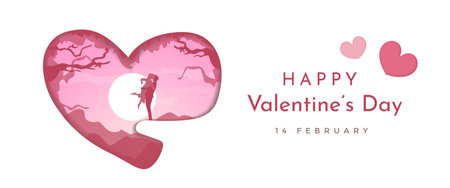 Happy Valentine's Day Paper card design with creative and lovely pink, red heart shape with couple on white background. Vector greeting card design.のイラスト素材
