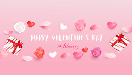 Valentine's Day with rose flowers,  realistic gift boxes and ribbon on smooth pink background.Beautiful and lovely cards,banner for advertisement in Valentine's day concept.Design in EPS10 Vector.のイラスト素材