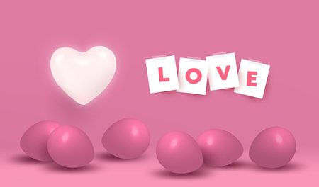 Love concept with One light heart balloon and floating above pink ballon on pastel wall. 3D vector design illustration.のイラスト素材