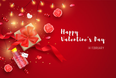 Happy Valentine's Day banner with Realistic elements, gifts box and glitter. Valentine background design vector illustration.のイラスト素材