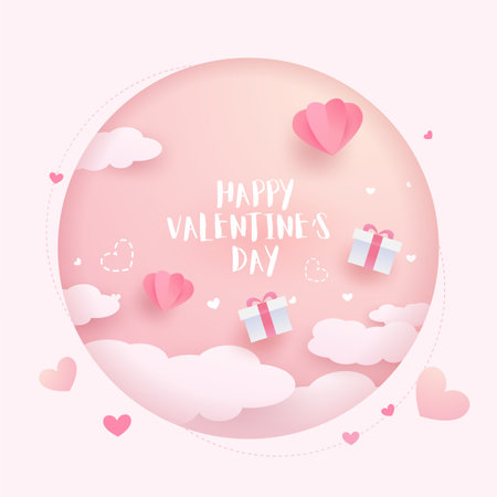 Happy Valentine's Day card. Lovely valentine heart balloon, clouds and elements. Paper art design.のイラスト素材