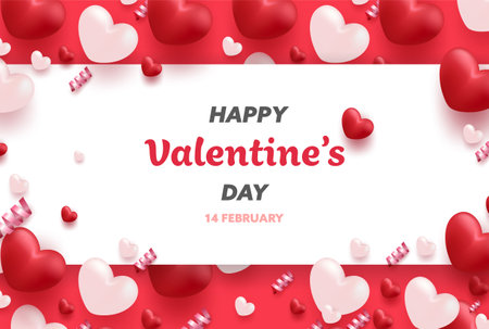 Happy Valentine's Day banner with Red and Pink luxury hearts, gifts box, ribbon and lovely elements. Valentine background design vector illustration.のイラスト素材