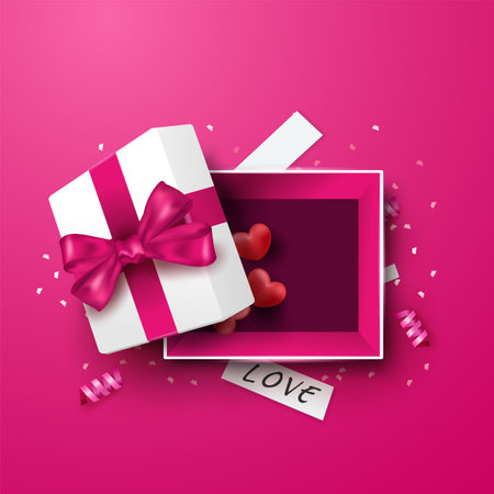 Surprise white gift box with pink ribbon and Hearts balloon. Open gift box isolated. Party, Shopping poster. Valentine's Day design.のイラスト素材