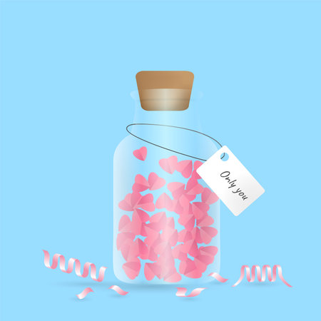 Paper rose petals in a glass jar with tag. Vector illustration.のイラスト素材