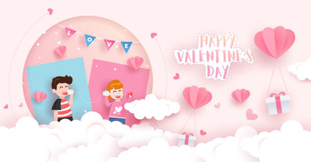 Happy Valentine's Card with gift boxes, clouds, balloons and lovely boy and girl. Paper art design.のイラスト素材