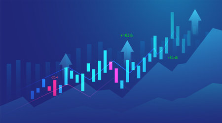 Business candle stick graph chart of stock market investment trading on blue background. Bullish point, up trend of graph. Economy vector design.のイラスト素材