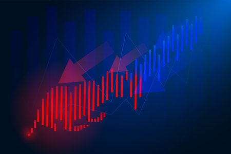 Business candle stick graph chart of stock market investment trading on blue background. Bullish point, up trend of graph. Economy vector design.のイラスト素材