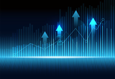 Business candle stick graph chart of stock market investment trading on blue background. Bullish point, up trend of graph. Economy vector design.のイラスト素材