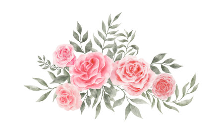 Pink and Red Rose Flowers Watercolor vector isolated on white background. Vintage Flowers and Leaves graphic for wedding, invitation card. Floral illustration.のイラスト素材