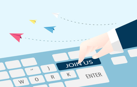 Flat design modern vector illustration concept of business and finance. Businessman hand pressing button on keyboard.のイラスト素材