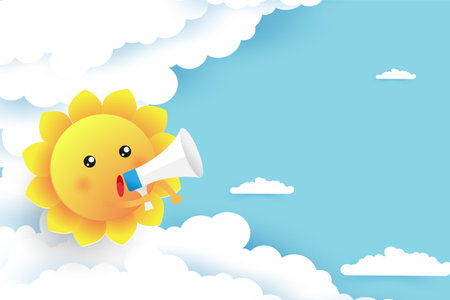 Cute sun with megaphone on blue sky background. Vector illustration.のイラスト素材