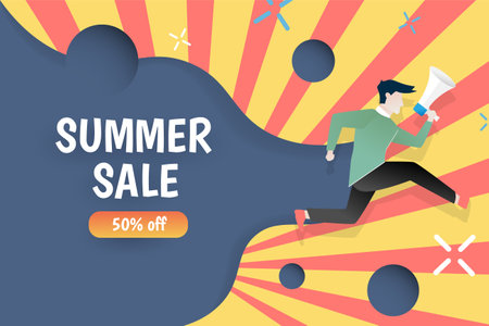 Summer sale banner with man running with megaphone. Vector illustrationのイラスト素材