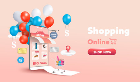 Online shopping store on website and mobile phone design. Smart business marketing concept. Horizontal view. Vector Illustration.のイラスト素材
