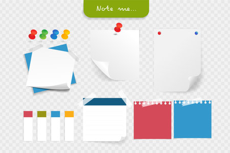 Set of different note papers. Paper note and office elements. Reminder object concept. Vector illustration.のイラスト素材