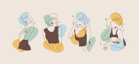 Woman body in elegant line art. Abstract line minimalistic women arts set with modern shapes design....