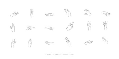 Set of Beauty Hand Line design. Abstract female hands and finger sign or symbole outline icon for logo, cosmetic, skin care and woman business. Vector illustration.のイラスト素材
