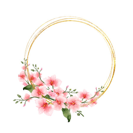 Pink Orchid Flowers watercolor border for wedding, greeting or invitation card isolated. Luxury vintage flowers with shiny gold frame for summer or spring template. Vector illustration.のイラスト素材
