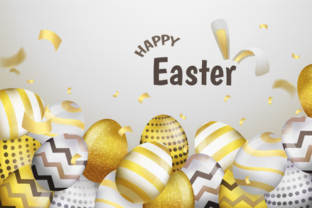 Happy Easter background with golden eggs and confetti. Vector illustration.のイラスト素材
