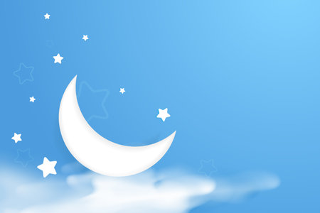 Illustration of crescent moon and stars on blue sky background.のイラスト素材