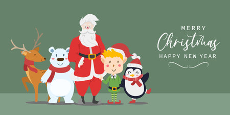 Merry christmas and happy new year greeting card with cute Santa Claus, Reindeer, Polar Bear, Elf boy and Penguin cartoon. Vector illustration.のイラスト素材