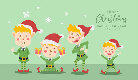 Merry christmas and happy new year greeting card with cute Elf boy costume funny and happy character design in flat style. Vector illustration.のイラスト素材