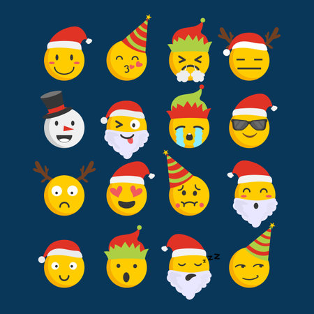 Set of cutest emoji icon expression face for merry christmas. Modern face emoticon for reaction. Flat style vector illustration.のイラスト素材