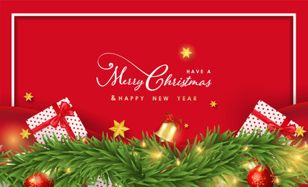 Merry Christmas and Happy New Year background with Christmas tree branches and decorations. Vector illustration.のイラスト素材
