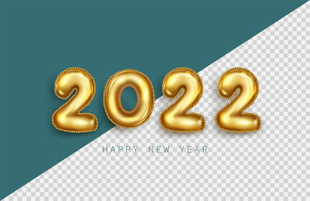 Happy New Year 2022. Golden metallic numbers 2022 in realistic 3d sign on transparent background. Holiday elements vector illustration for banner, poster and design.のイラスト素材