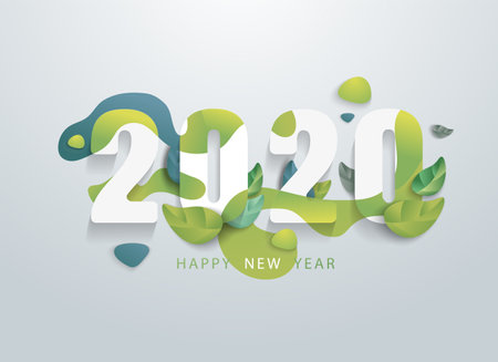 Happy new year 2020. Greeting card with green leaves. Vector illustration.のイラスト素材