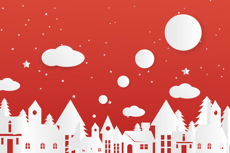 Christmas and New Year background with houses, moon and stars. Vector illustration.のイラスト素材