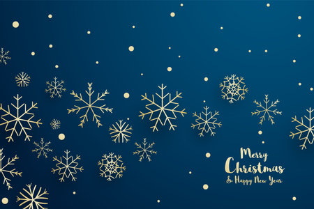 Merry Christmas and Happy New Year greeting card with gold snowflakes on blue background. Vector illustration.のイラスト素材