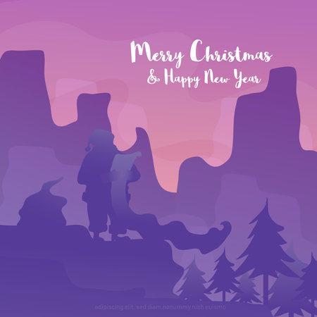 Merry Christmas and Happy New Year. Silhouette of a man on the background of mountains. Vector illustration.のイラスト素材