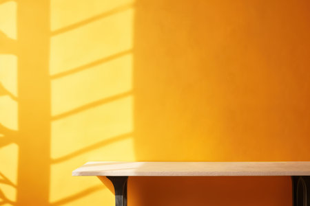 Empty minimal table and yellow texture wall background. Composition mock up for branding productの素材