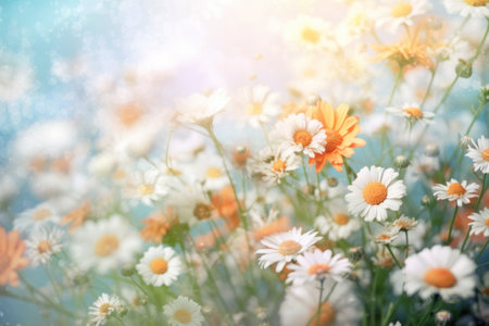 Beautiful chamomile flowers in the meadow. Floral backgroundの素材
