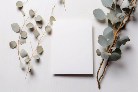 Eucalyptus branches and blank card on white fabric backgroundの素材