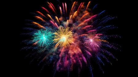 Colorful fireworks of various colors and shapes over night sky background.の素材